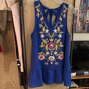 Entro- Embroidered Blue Sleeveless Top
